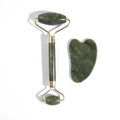 Natural green jade face roller and heart-shaped gua sha scraper set for skin massage - Dark Green Standard Roller And Small Horn Board