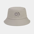 Dettaglio cappello a secchiello kaki con stampa sole e luna e cuciture sulla tesa - M (56-58cm) / Cachi