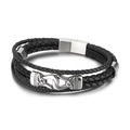 Mehrlagiges schwarzes Lederarmband für Herren mit Vintage-Totem aus Edelstahl und Magnet - 21cm / Stahlfarbe