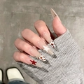French leopard star press on nails with red and white star design on long stiletto shape - By2226 Beautiful Girl Wearing Flowers / Glue Type