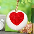 Sparkling red rhinestone heart keychain with white fluffy pom pom and golden clasp - Heart Red + White Pom Pom