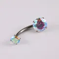 G23 Titanium black navel piercing with double AB iridescent zircon stones in 14G - AB Color
