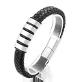 Bracciale da uomo in pelle intrecciata nera con chiusura magnetica in metallo nero e argento - Stile Acciaio (KB136146-QM)