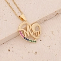 Detailed close-up of 18K gold heart necklace with Mom pendant and colorful crystals - Heart Mom Letter Multicolor Gem Inlay Style (9#)