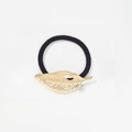 Elastic black hair tie with a hollow golden leaf charm and sparkling clear rhinestone - Gold - Rhinestone Leaf