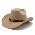 Dettaglio cappello da cowboy in finta pelle scamosciata con cordoncino e fibbia turchese - M (56-58cm) / Cachi chiaro