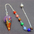 Seven chakra crystal dowsing pendulum with natural gemstone chips and silver metal chain - New Symbol Hexagonal Pillar Style (AL670238738738) / With 7 Beads Chain