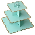 Three-tier mint green cardboard cupcake stand with golden wavy edges and top handle - 3-Tier Square Scalloped Edge Green (Gold Edge)