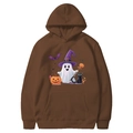 Brown Halloween hoodie for men and women featuring ghost, pumpkin, and bat prints - Coffee