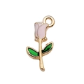 Pink and green enamel rose flower charm in golden finish for DIY jewelry and keychains - Rose 9x18mm