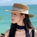 Straw boater hat with beige ribbon for beach vacations and UV sun protection - Khaki Beige Edge Indented Top Hat (D-358)