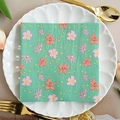 Floral print paper napkins featuring pink and purple flowers on a green background - Green Pink Purple Flower Gold Dot (1088)