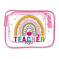 Transparent PVC teacher life pouch with pink trim and colorful pencil rainbow design - 107-Teacher Life Rainbow