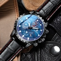 WEIGUAN men's blue chronograph watch with black leather strap and red contrast stitching - Leather Strap / Black Leather Strap Blue Dial