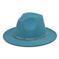 Detailed close-up of teal felt fedora hat featuring a stylish silver metal chain decoration - Lake Blue Hat Silver Chain