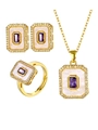 18K gold plated jewelry set with purple rectangular gemstone and white enamel accents - Rectangular Purple Zirconia 3-Piece Set