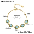 Gold stainless steel bracelet with five blue glass stones and detailed size measurements - Gold Bracelet - Lake Blue Glass Stone