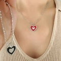 French style double-sided red heart pendant on a chic beaded chain necklace for women - 42+5cm / Steel Color (P1383)
