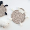 Handmade crochet sheep coasters in beige and white cotton yarn for table protection - Khaki & White Sheep