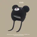 Black knitted baby winter hat with dual pom-poms and white bear embroidery pattern - Chenille Bear Hat Black (for Ages 1-4)