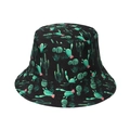 Black reversible bucket hat with green cactus and pink flower patterns on white background - Cactus Print (M)