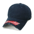 Macro detail of navy blue washed cotton cap with distressed holes and Blanche embroidery - M (56-58cm) / Navy Blue