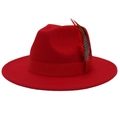 Detail of red wool fedora hat featuring a classic grosgrain ribbon and feather accent - M (56-58cm) / Red (Matching Feather)