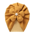 Yellow faux cashmere baby turban hat featuring flower decoration with pearl and crystal center - Turmeric