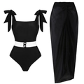 Costume intero nero con spalline a fiocco e gonna lunga a portafoglio coordinata per donna - XS / Set Costume da Bagno e Gonna a Portafoglio