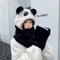 Plush 3-in-1 panda winter set including hooded hat, long scarf and gloves in black and white - Panda Black