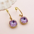 Retro gold stainless steel earrings featuring square cut pink-purple zircon stones - Pink Purple