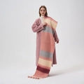 Pink, beige and grey striped plush scarf with playful pompom tassels on white background - 37*210cm / Pink Grey Striped Pom Pom