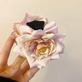 Detail of pink fabric rose hair claw clip showing realistic petals and spring mechanism - Light Pink Rose Flower Claw Clip