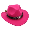 Close-up of rose red wool cowboy hat with ethnic woven band and silver bull head buckle - 52-54cm / Rose Red