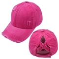 Detail view of washed rose pink baseball cap with criss-cross bands for high pony tails - Rose Pink