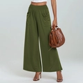 Close-up of high-waisted elastic waistband and large side pockets on army green pants - Green