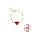 Adjustable S925 sterling silver chain ring with heart-cut red zircon in gold finish - Gold Heart - Deep Red Zirconia