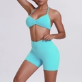 Light blue seamless yoga set with halter bra and high waist scrunch shorts - XS / Mint Green