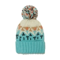 Close-up of geometric jacquard pattern and colorful pompom on blue knitted mohair hat - M (56-58cm) / Lake Blue Geometric Jacquard