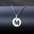 Polished stainless steel necklace featuring a round family silhouette pendant and thin chain - Family Silhouette