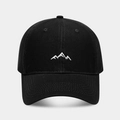 Close-up of white mountain peaks embroidery on black cotton twill baseball cap fabric - Adjustable / Black