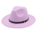 Detail of purple felt fedora with black leather band, metal studs and gold ring buckle - M (56-58cm) / Light Purple