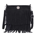 Retro black suede crossbody bag with fringe tassels and silver hardware accents - Black