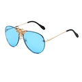 Fashion oversized sunglasses with light blue transparent lenses and gold bee detail - Gold Frame Blue Lenses