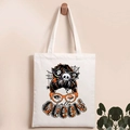 Detailed close-up of a white canvas tote bag with a Halloween Hallo Queen skull print - Hallo QUEEN Skeleton Style