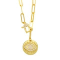 Golden paperclip chain necklace with sparkling zircon evil eye pendant and heart clasp - Eye