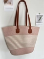 Pink and white woven tote bag with large capacity and brown faux leather straps - Pink Narrow Stripe