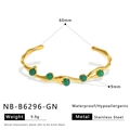 Detail of wavy gold bangle with five green pearls including size dimensions in millimeters - Green Bead (NB-B6296-GN)