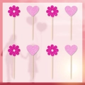 Set of 8 glittery pink flower and heart cupcake toppers for Mother's Day decorations - Flower and Heart Cupcake Toppers