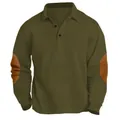 Detail view of olive polo shirt featuring corduroy texture and brown elbow patches - Army Green